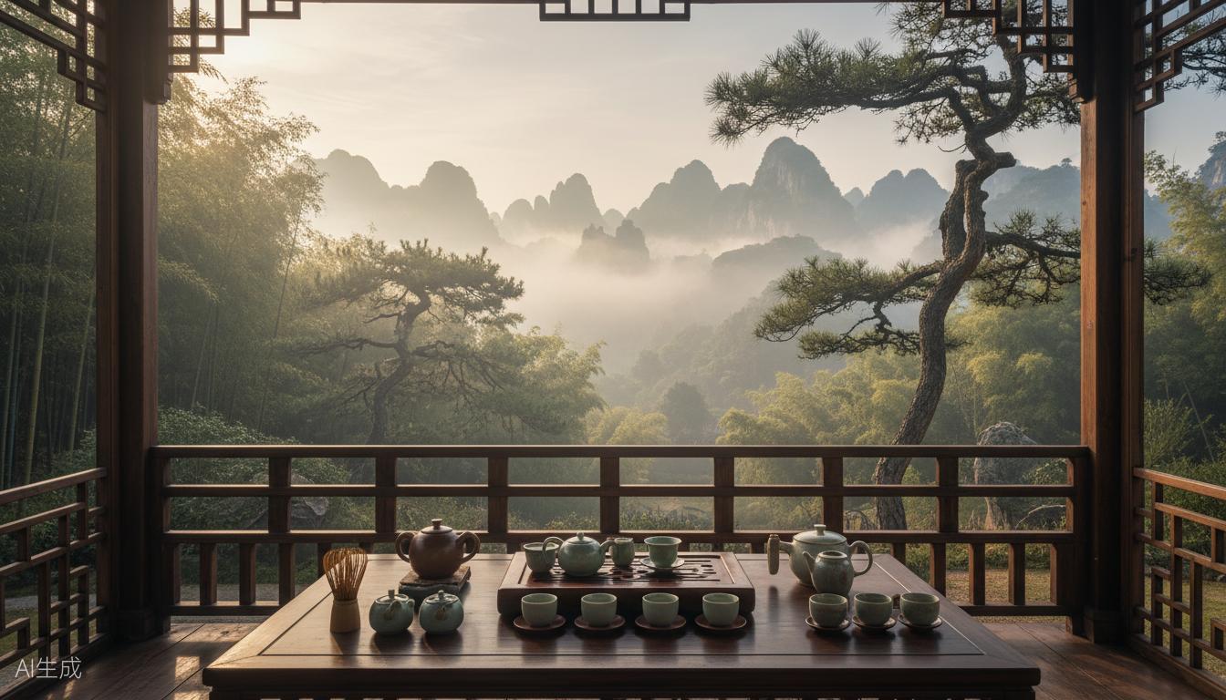 Chinese tea ceremony with mountain landscape